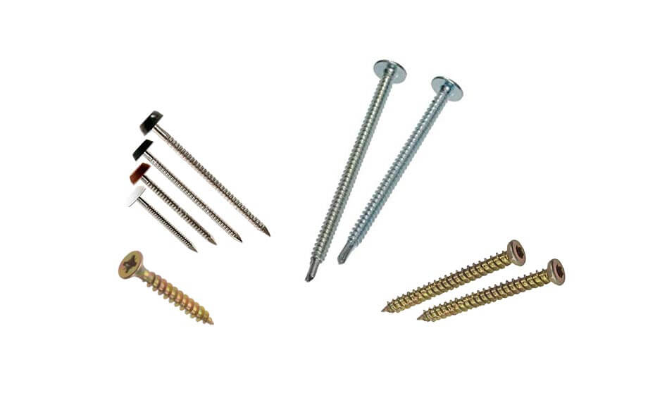 Selection of screws including wood screws, concrete screws, polytope pins